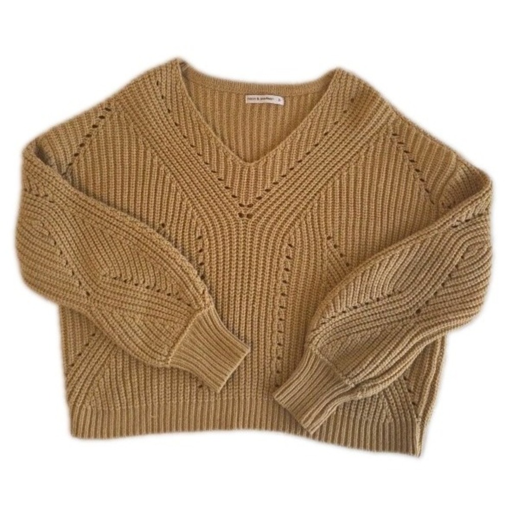 Moon & Madison Cropped Sweater V-Neck Pointelle Balloon Sleeves Women's Size S